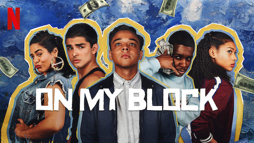 On My Block season 3 poster. from left to right- Jamine, Cesar, Ruby, Jamal, and Monse
