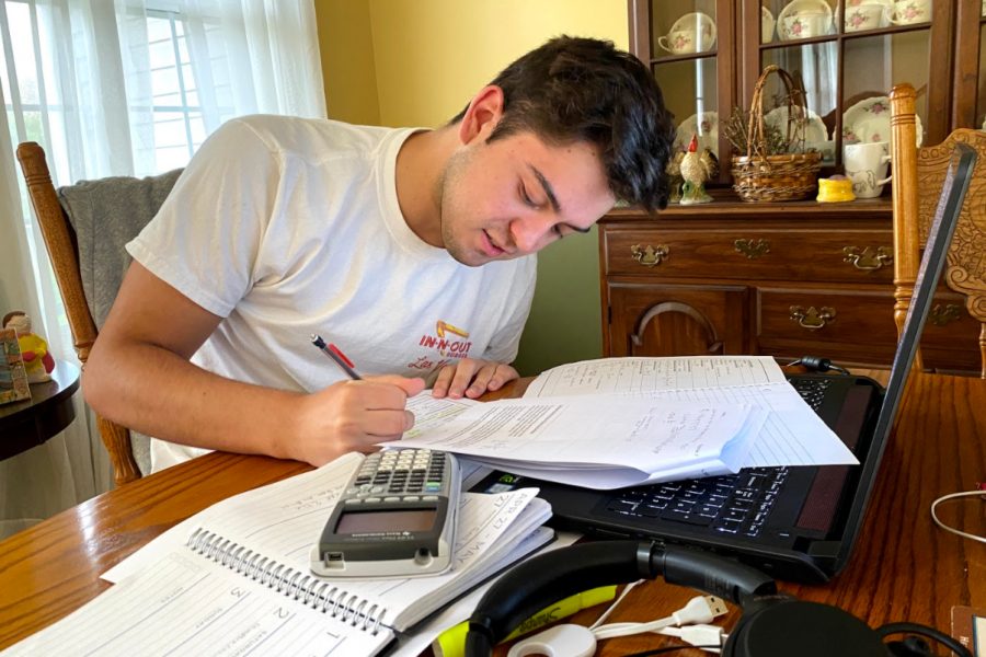10:30 a.m.: Current Loyola University student Nicholas Coccagna keeps up with his heavy load of schoolwork at home during quarantine.