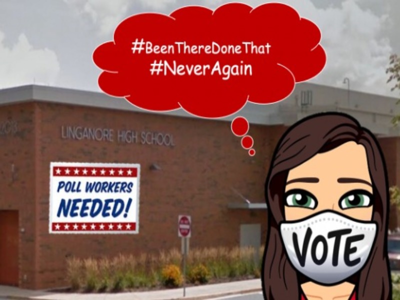 My bitmoji standing at the outside of the poll site where they have a sign for election workers needed.