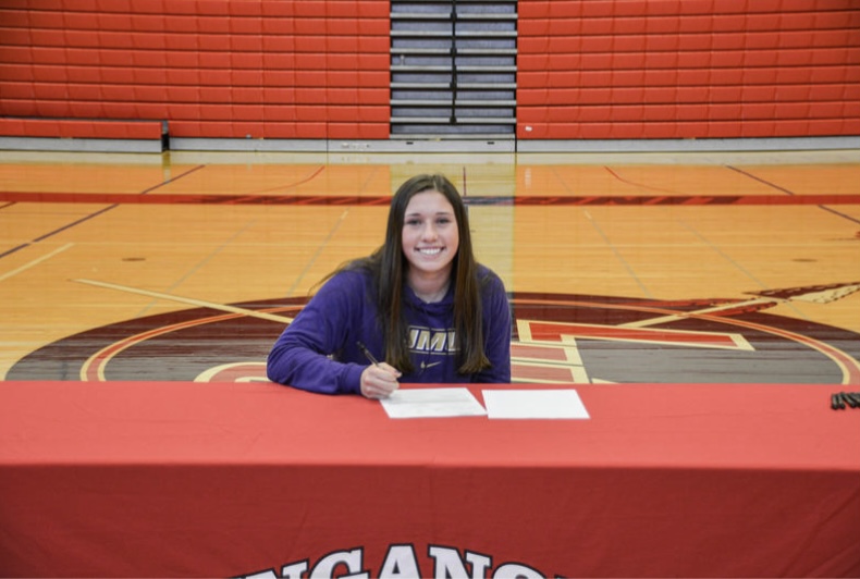 Something else that has changed in the highschool sports world due to COVID-19, is signing day. Signing day is a lot different this fall than it used to be: the student signing is still allowed to go to the school to take a picture, but only with their parents, and it only lasts a few minutes for pictures. Here is a picture of Rachel McCoy, signing to JMU this fall, in a much different way than in the past. 