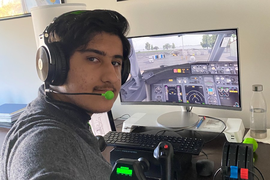 Shahmeer Chaudhry hopes to become a pilot. He has learned most of his skills from a flight simulator where he trains in realistic conditions, including the cockpit/flight deck, the plane type and current weather conditions.
