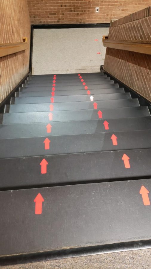 A photo of New Market's one way staircase- to keep distance from others and help keep everyone safe.