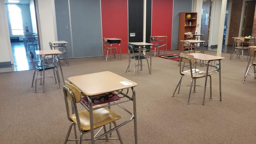 Desks at NMMS spread 6 feet apart to keep students socially distanced. 