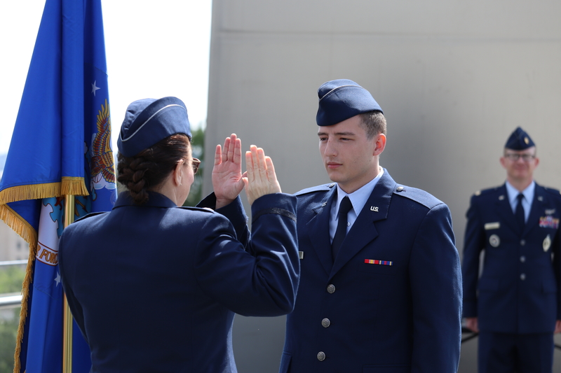 A picture of Habigs commissioning, where he is taking oath in office.  This moment captures both the culmination of my time in ROTC and the beginning of my Air Force career as a pilot. 