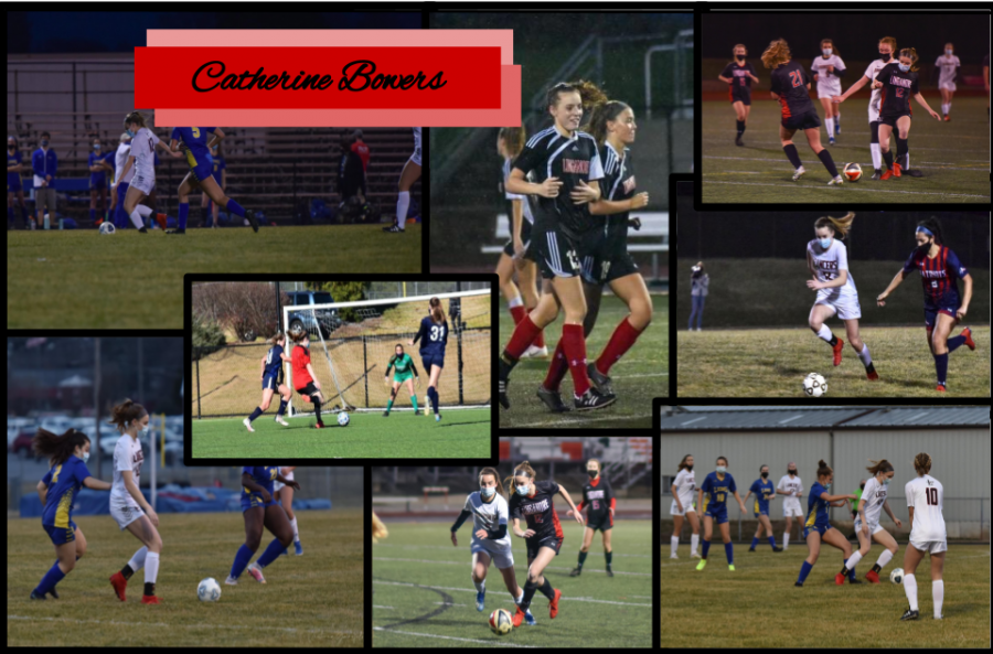 Collage of Catherine Bowers playing soccer on her various teams. An assortment of photos taken by Victoria Garofolo and Michell Bowers.