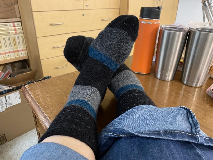 #LotsofSocks: Mrs. Rebetsky shows of her striped socks for World Down Syndrome Day.