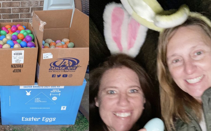 Haskins and Thompson fill and hide eggs at participants house before Easter.