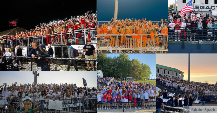 High School Football games from around Frederick County. Students stand side by side outside cheering on their home teams. All images are located on Instragram under the Usernames @CHS_crazie, @LHSJournalism, @mtownstudentsection, @ohsbearscheerleading, @urbanastudentsection, @tuscarorastudentsection