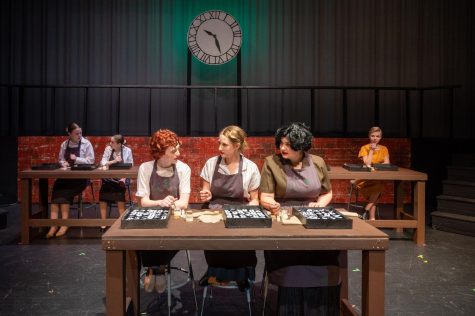 Grace Fryer (Mary Bailey), Kathryn Schaub (Maggie Glassman, and Irene Rudolph (Malia Smaha) sit at their work bench unaware of the future that awaits them. 