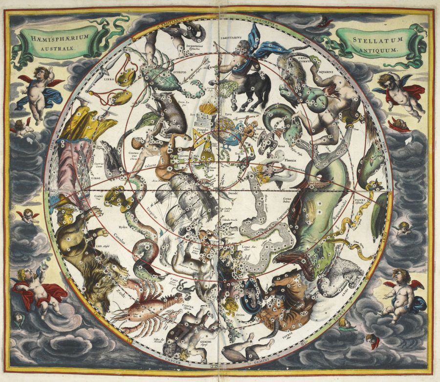 Astrological zodiac signs within the universe and their corresponding constellations from Andreas Cellarius’s Atlas Coelestis of 1660.