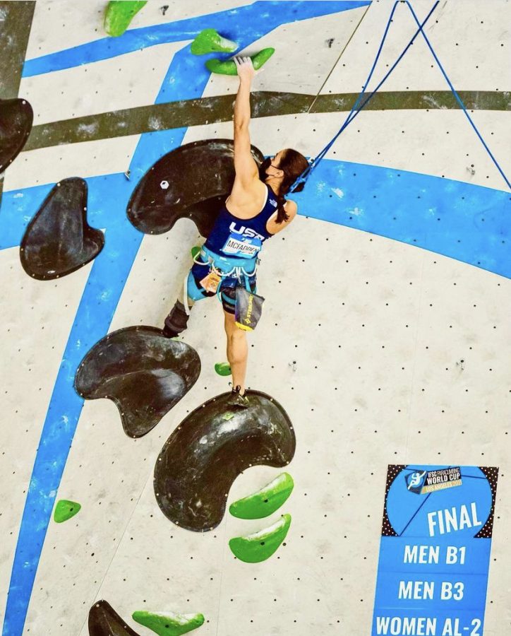 Hannah McFadden competes in the 2021 Paraclimbing World Cup. A shock to all, she won. Hannah picked up the sport in 2021, so winning the World Cup was a huge accomplishment