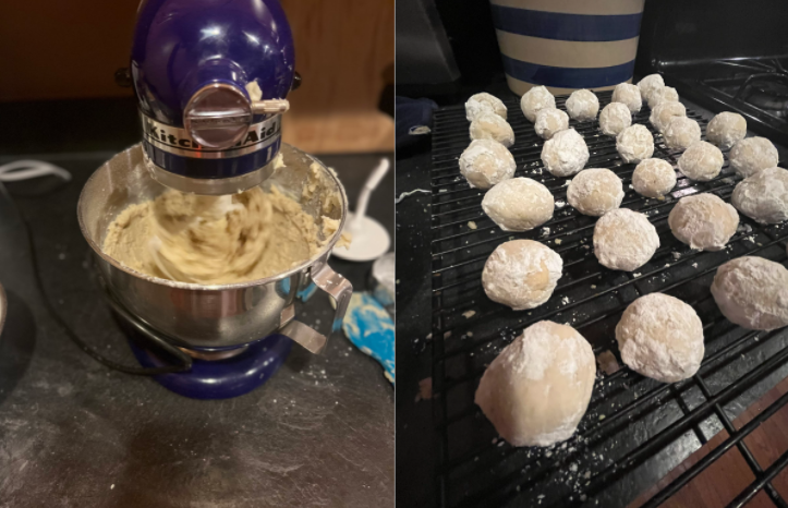 Whipping up batter in the mixer and the finished result of the snowball cookie recipe, the number one cookie this holiday season!
