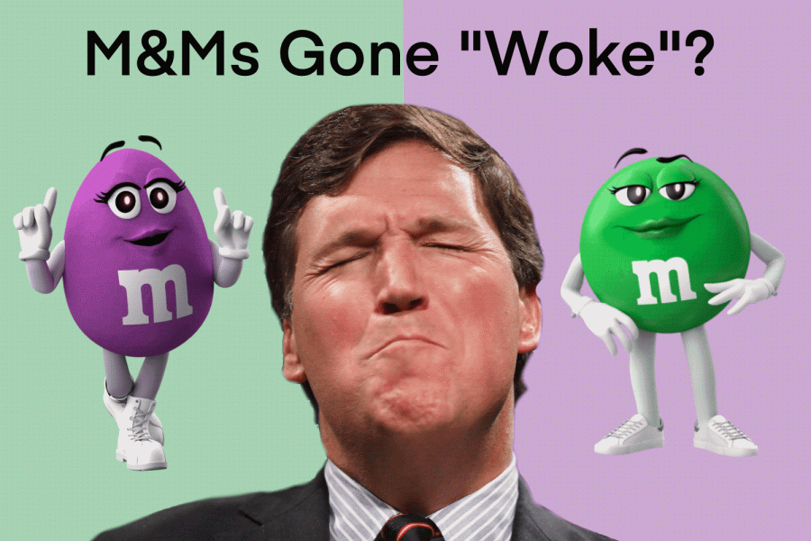 An edited GIF depicts talk show host Tucker Carlson crying over the green and purple M&Ms. (Click me!)