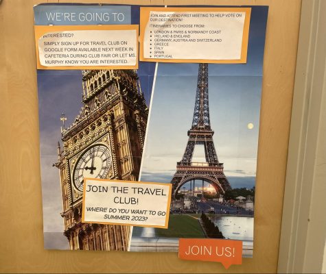 The Travel Club poster outside of Samantha Murphy's door encourages students to join. 