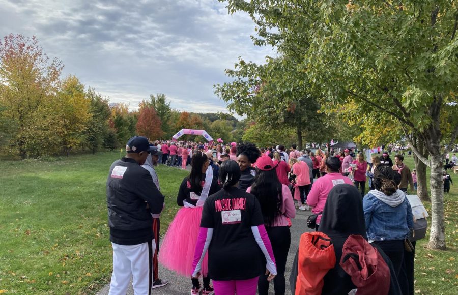 Participants line up to start the Making Strides Against Breast Cancer Walk. 