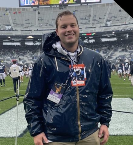 Gelhard stands on the sidelines at Beaver Stadium, Penn States
football field, as a Penn State
Athletics Intern for Strategic
Communications.