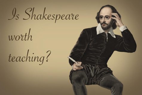 A graphic shows an edited depiction of Shakespeare alongside the text Is Shakespeare worth teaching?