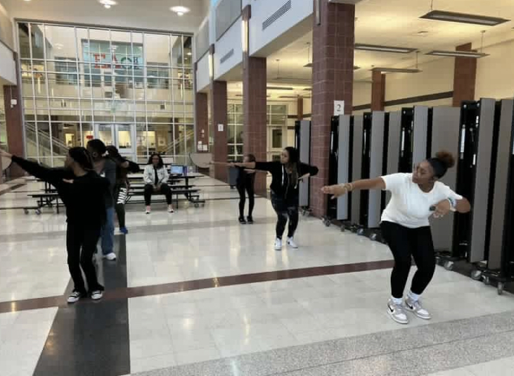 The STEP team meets twice a week to practice their routines. (Photographed from left to right Oluwaseun Awofisayo, Oluwaseyi Awsofisayo, Mona Michelle Mensah, Mickinley Howard, Legend Campbell, and Liya Mantey.) 