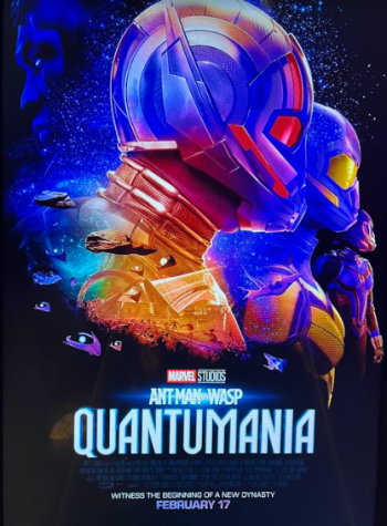 Pictures of a poster found in the Warehouse Cinemas movie theater in Frederick Md promote Ant-man and the Wasp: Quantumania to passersby.