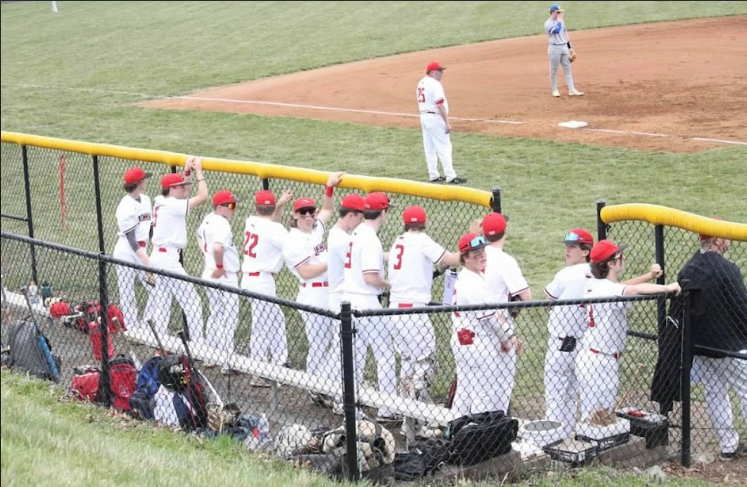 Linganore varsity baseball stands on the sidelines cheering on their teammates playing on the field. 