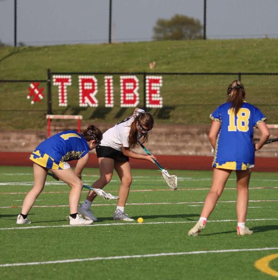 Defensive freshman Alexis Gottfeld fights for a ground ball against the Lions.