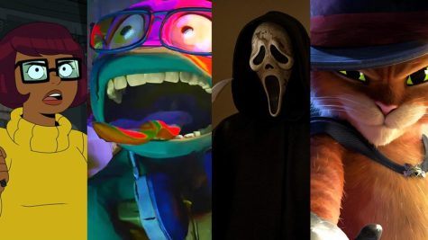 Screenshots from the trailers of each tv show or movie discussed in the article. From left to right: Velma, TMNT Mutant Mayhem, Scream 6 and Puss in Boots: the Last Wish.