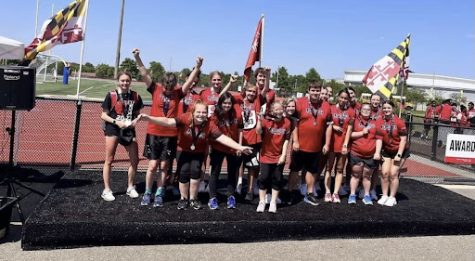 The Linganore unified track team celebrates second overall at states.