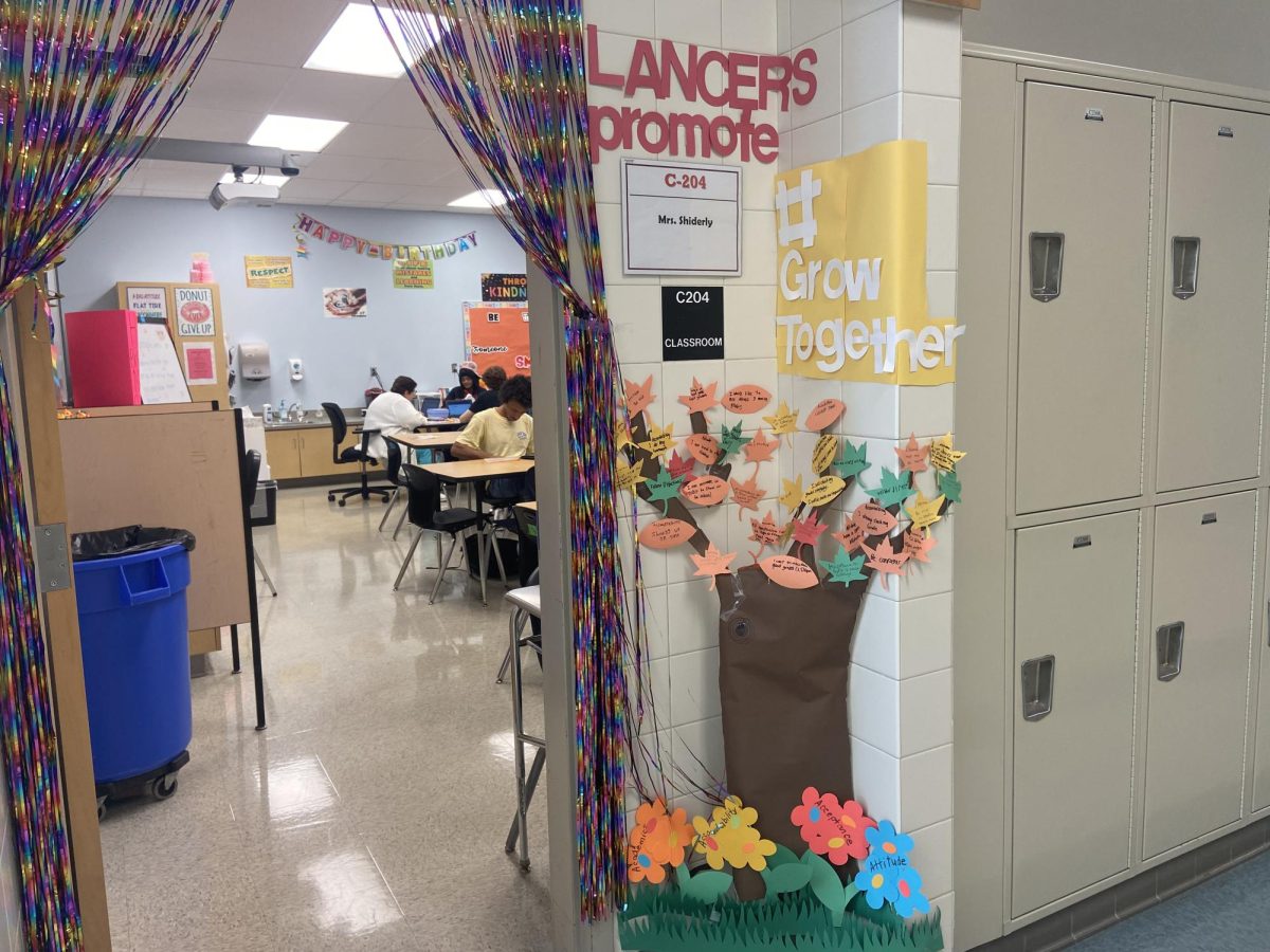 Ms. Shiderly's door promotes Linganores values to students as they walk through the halls.