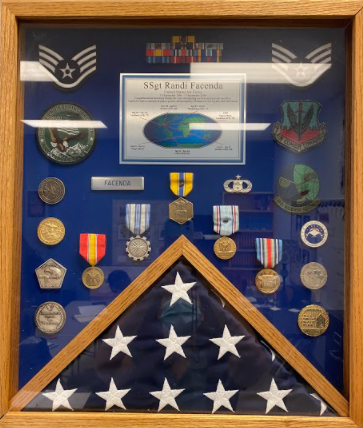 Mrs. Kirkland displays her military badges in her classroom.