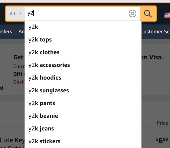 An Amazon search-bar filling in their recommended products to embody the Y2K style. 
