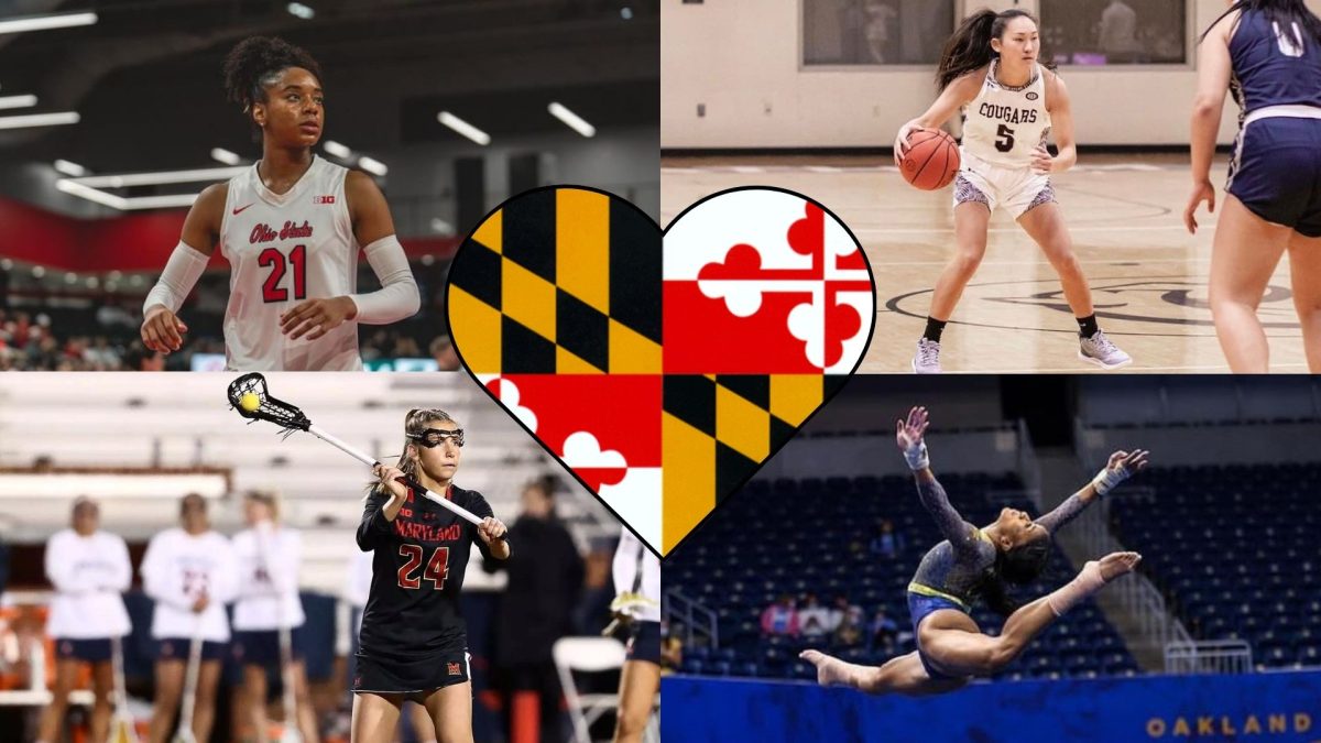 Maryland+women+in+athletics+have+proven+that+they+are+among+the+far+and+few+between.+These+four+amazing+athletes+have+all+succeeded+in+playing+collegiate+athletics%2C+a+feat+to+be+recognized+%28graphic+by+Mia+Lucas%2C+pictures+by+Ohio+State+Athletics%2C+Pitt+Athletics%2C+Chatham+Athletics%2C+and+Maryland+Terrapins+-+used+with+permission%29.