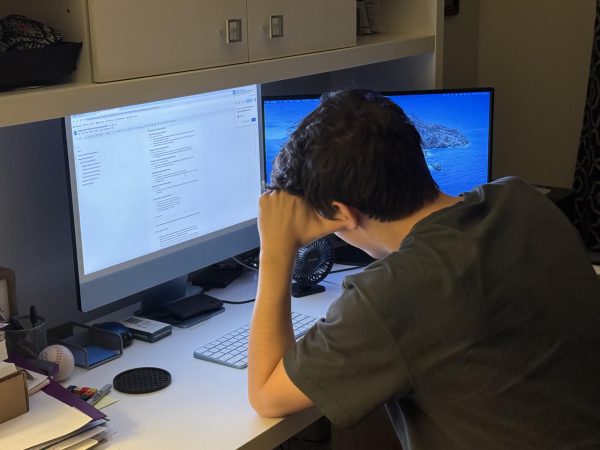 A seemingly stressed student sits at a desk doing work.