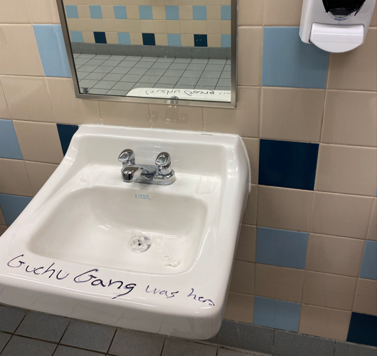 Gochu Gang was here is written in permanent marker on a sink in the boys bathroom. (Photo by Jessica McDonough- used with permission)
