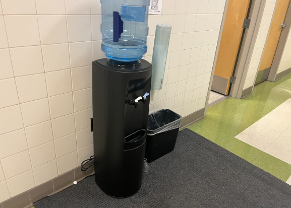 Coolers, such as this one, have been brought in to Linganore High School to provide purified drinking water for students. 