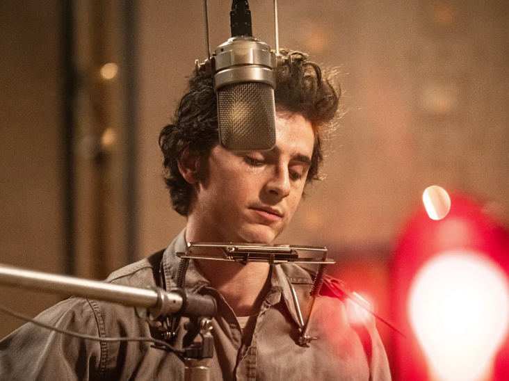 Timothée Chalamet as Bob Dylan in "A Complete Unknown." Searchlight Pictures. 2024