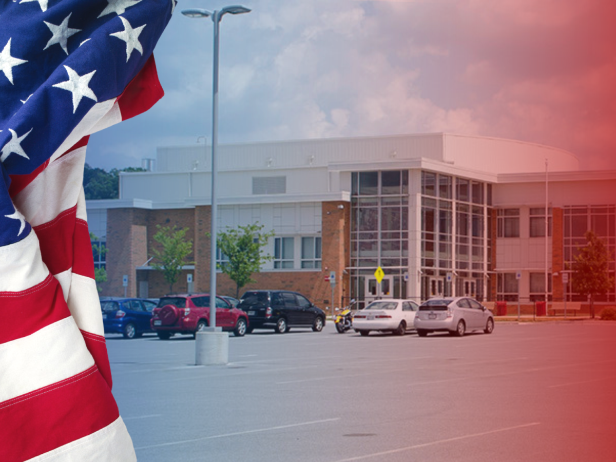 Edited image of Linganore High School with United States flag on top.