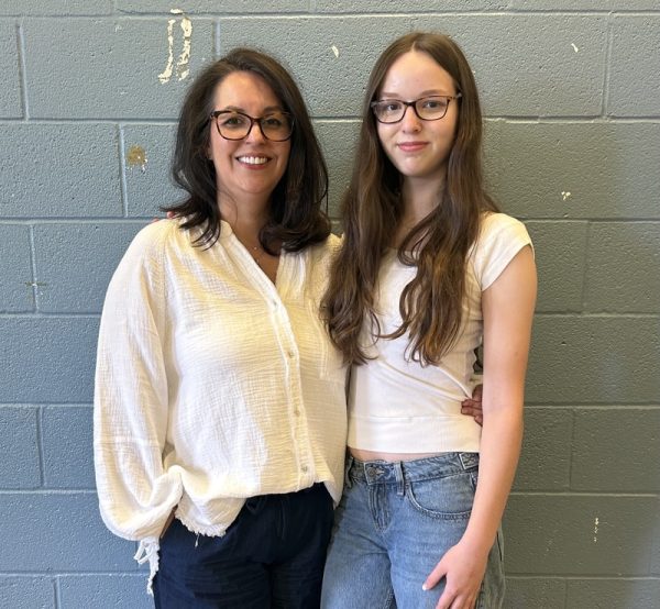 Sophomore Mia Schaper and Linganore English teacher Anna Schaper wear the same style of jeans, though decades apart.